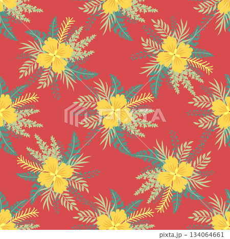 Floral ornament, detailed yellow flowers. Vintage background and old-fashioned floral texture. Repeating design for decor and fabric. 134064661