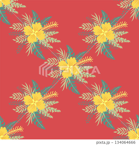 Floral ornament, detailed yellow flowers. Vintage background and old-fashioned floral texture. Repeating design for decor and fabric. 134064666