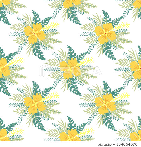 Floral ornament, detailed yellow flowers. Vintage background and old-fashioned floral texture. Repeating design for decor and fabric. Floral ornament, detailed yellow flowers. Vintage background and old-fashioned floral texture. Repeating design for decor and fabric. 134064670