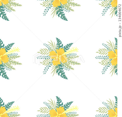 Floral ornament, detailed yellow flowers. Vintage background and old-fashioned floral texture. Repeating design for decor and fabric. 134064672