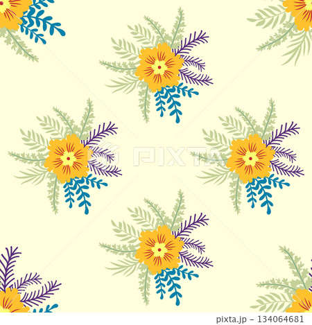 Floral ornament, detailed yellow flowers. Vintage background and old-fashioned floral texture. Repeating design for decor and fabric. 134064681