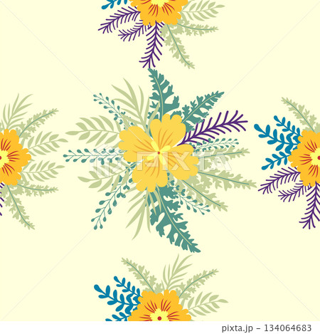 Floral ornament, detailed yellow flowers. Vintage background and old-fashioned floral texture. Repeating design for decor and fabric. Floral ornament, detailed yellow flowers. Vintage background and old-fashioned floral texture. Repeating design for decor and fabric. 134064683