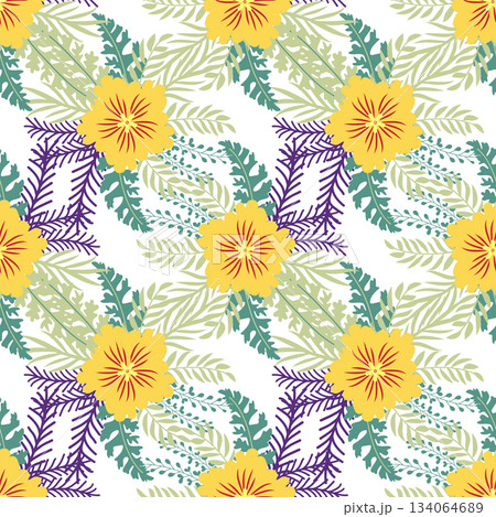Floral ornament, detailed yellow flowers. Vintage background and old-fashioned floral texture. Repeating design for decor and fabric. 134064689