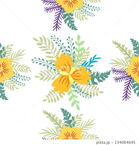 Floral ornament, detailed yellow flowers. Vintage background and old-fashioned floral texture. Repeating design for decor and fabric. Floral ornament, detailed yellow flowers. Vintage background and old-fashioned floral texture. Repeating design for decor and fabric. 134064695