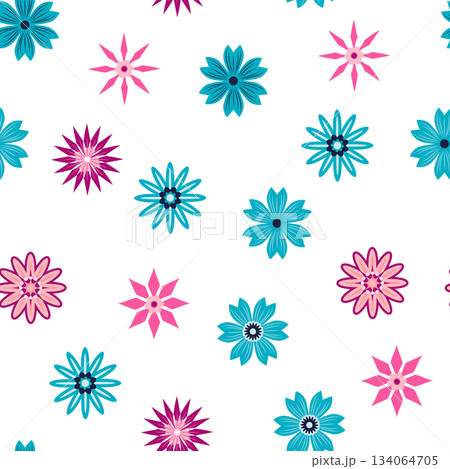 Simple floral ornament. Abstract vector seamless pattern with large flowers. Vintage background in blue and pink. Old-fashioned floral texture 134064705