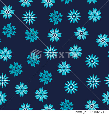 Simple floral ornament. Abstract vector seamless pattern with large flowers. Vintage background in blue and pink. Old-fashioned floral texture 134064710