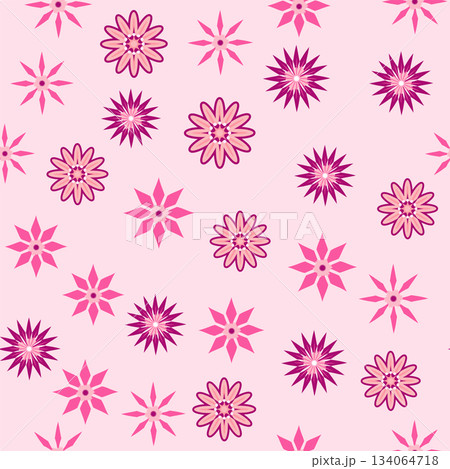 Simple floral ornament. Abstract vector seamless pattern with large flowers. Vintage background in blue and pink. Old-fashioned floral texture 134064718