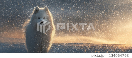 White Dog in Snowstorm with Golden Light 134064798