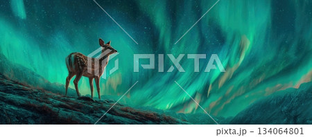 Fawn Standing Under Northern Lights 134064801