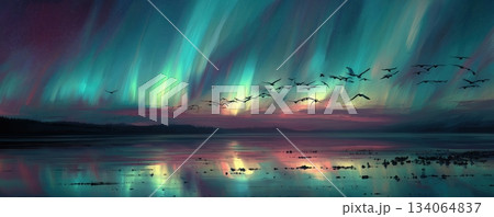 Aurora Birds Over Reflective Lake 134064837