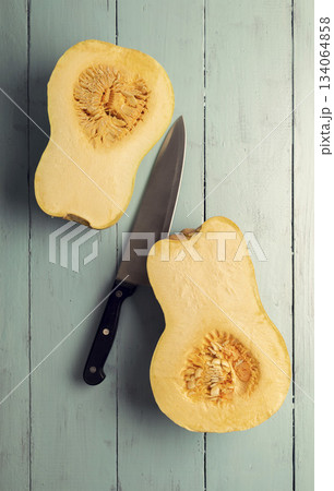 pumpkin and piece of pumpkin. Pumpkin Soup Ingredients.Copyspace. Top view. Healthy and natural food. Agriculture pumpkin and piece of pumpkin. Pumpkin Soup Ingredients.Copyspace. Top view. Healthy and natural food. Agriculture 134064858