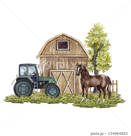 Farmyard. Hand-drawn watercolor illustration. Barn, tractor, horse. Concept of the agricultural industry. Design element for banners, labels, postcards, and more. 134064883