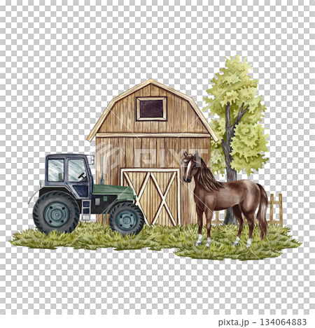 Farmyard. Hand-drawn watercolor illustration. Barn, tractor, horse. Concept of the agricultural industry. Design element for banners, labels, postcards, and more. 134064883