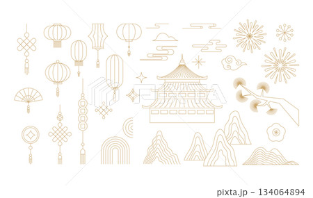 Golden Chinese linear illustrations and decorative elements collection Golden Chinese linear illustrations and decorative elements collection 134064894