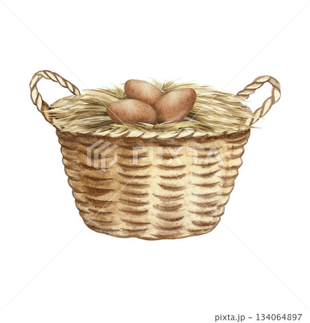 A nest with chicken eggs. Hand-drawn watercolor illustration. Three brown eggs in a straw nest. The concept of poultry farming. A design element for banners, labels, packaging, and more. 134064897