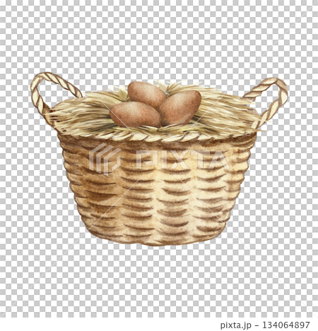 A nest with chicken eggs. Hand-drawn watercolor illustration. Three brown eggs in a straw nest. The concept of poultry farming. A design element for banners, labels, packaging, and more. 134064897