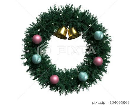 オナーメントで装飾されたクリスマスリースの3Dイラスト オナーメントで装飾されたクリスマスリースの3Dイラスト 134065065