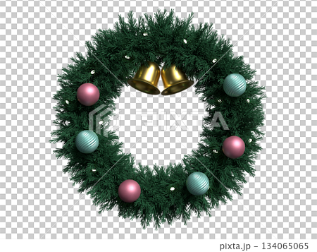 オナーメントで装飾されたクリスマスリースの3Dイラスト オナーメントで装飾されたクリスマスリースの3Dイラスト 134065065