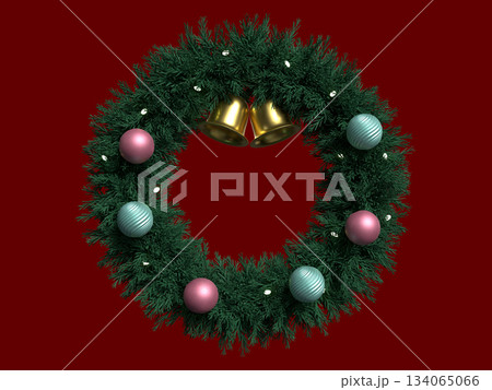 オナーメントで装飾されたクリスマスリースの3Dイラスト オナーメントで装飾されたクリスマスリースの3Dイラスト 134065066