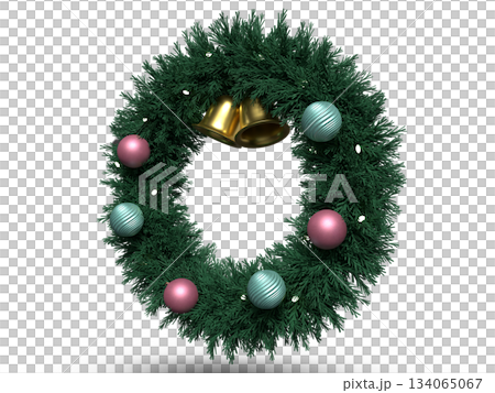 3D illustration of a Christmas wreath decorated with ornaments 134065067