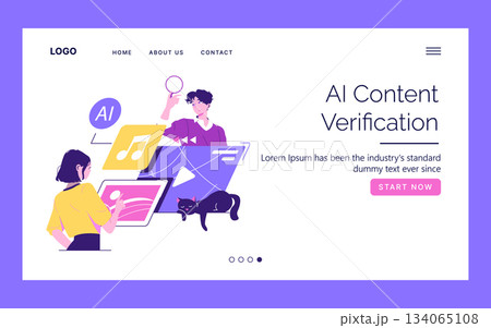 Vector illustration featuring a scene of AI content verification. Two people interact with digital interfaces, one holding a magnifying glass. Various digital elements surround them, demonstrating Vector illustration featuring a scene of AI content verification. Two people interact with digital interfaces, one holding a magnifying glass. Various digital elements surround them, demonstrating 134065108