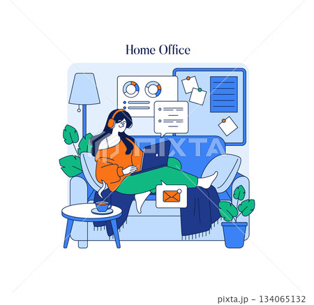 Vector illustration of a person working on a laptop in a cozy home office setting. Surrounded by plants and art, the individual wears headphones and enjoys coffee while working efficiently. 134065132