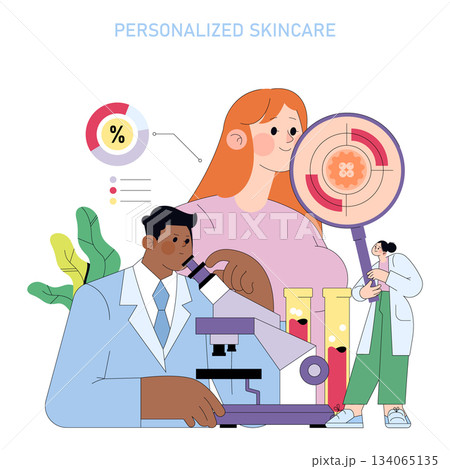 Personalized skincare vector illustration showing a diverse team of scientists analyzing data. Includes a microscope, test tubes, and a creative skin graphic to highlight innovative research. 134065135