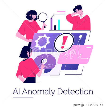 Vector illustration showing three individuals analyzing data for AI anomaly detection. Features graphs, gears, and a brain icon, representing artificial intelligence and machine learning. 134065144