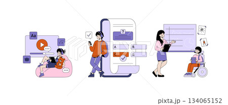 Vector illustration depicting various online learning scenarios. A child enjoys a video lesson, a student selects quiz answers, and a teacher instructs a student in a wheelchair. Vector illustration depicting various online learning scenarios. A child enjoys a video lesson, a student selects quiz answers, and a teacher instructs a student in a wheelchair. 134065152