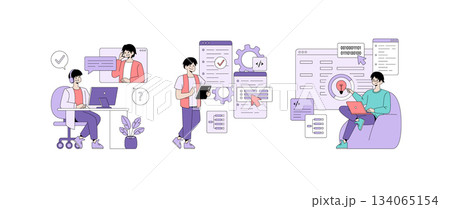 Vector illustration of developers working collaboratively on coding tasks. Features team members at computers and tablets engaging in discussions and problem-solving in a vibrant workspace. Vector illustration of developers working collaboratively on coding tasks. Features team members at computers and tablets engaging in discussions and problem-solving in a vibrant workspace. 134065154