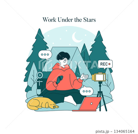Vector illustration of a person vlogging outside at night with camera equipment and laptop. They sit near a tent under stars and trees, exuding a relaxed and creative atmosphere. 134065164