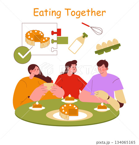 Vector illustration of three friends enjoying pie together at a table. Visible elements include a pie diagram, kitchen utensils, ingredients, emphasizing a social dining experience. Vector illustration of three friends enjoying pie together at a table. Visible elements include a pie diagram, kitchen utensils, ingredients, emphasizing a social dining experience. 134065165