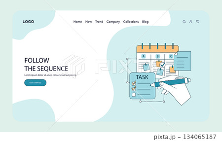 Vector illustration of a task planning process showing a hand marking task completion on a checklist next to a calendar. Designed for workflow and productivity concepts. 134065187