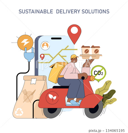 Vector illustration featuring a delivery person on a scooter with eco-friendly elements like recycling symbols and CO2 reduction, highlighting sustainable delivery solutions. Vector illustration featuring a delivery person on a scooter with eco-friendly elements like recycling symbols and CO2 reduction, highlighting sustainable delivery solutions. 134065195