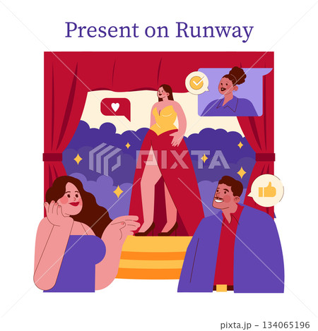 Vector illustration of a model confidently walking on a runway, surrounded by an engaged audience displaying positive reactions and approval icons, highlighting a fashion show moment. 134065196