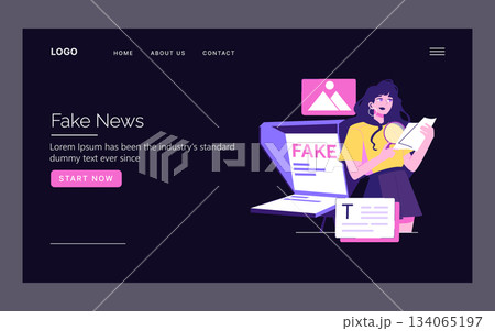 Vector illustration of a woman examining fake news on a computer screen. The image depicts skepticism and critical analysis, highlighting the importance of media literacy. 134065197
