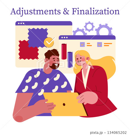 Vector illustration depicting two people collaborating on adjustments and finalization. They are smiling and engaged, suggesting teamwork and cooperation in a creative process. 134065202