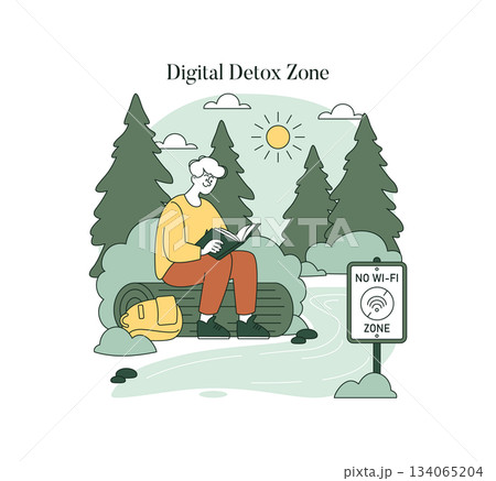 Vector illustration of a person enjoying a digital detox by reading a book in a serene nature setting. They sit on a log near a no Wi-Fi zone sign, embracing peace and relaxation. 134065204