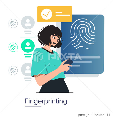 Vector illustration depicting a woman interacting with a mobile device for fingerprint verification. Emphasizes digital security, biometric authentication, and modern technology use. 134065211