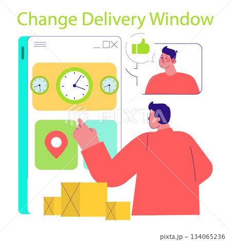 Vector illustration showing a person selecting a new delivery window on a digital interface. The image includes package boxes, clocks, and a happy individual with a thumbs-up. 134065236