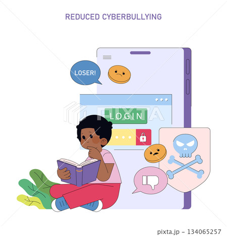 The illustration depicts a child reading a book while facing cyberbullying. Negative online messages appear on a smartphone, highlighting the issue of reduced cyberbullying awareness. The vector 134065257
