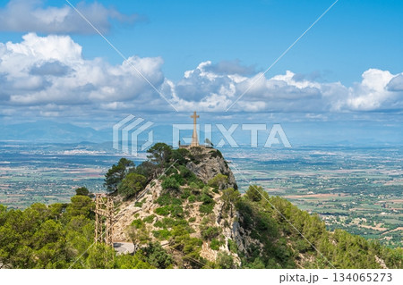 Sant Salvador Sanctuary with Cross Overlooking Mallorca s Serene Landscape 134065273