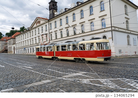 Vintage Tram on Cobblestone Street near Prague Castle, Prague, Czech Republic 134065294