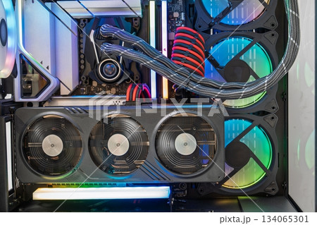 High-End Computer Components RGB Lighting and Advanced Cooling Systems Inside View. 134065301