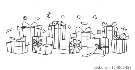 Illustration of gift box. Black line presents gift boxes for celebration, discounts or promotions. 134065482