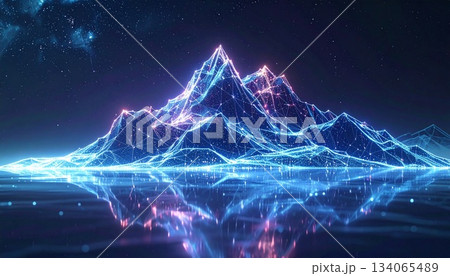 山の形をした青い光のネットワークのイラスト 134065489