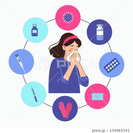 Icon set of Remedies for the prevention and treatment of colds. 134065541