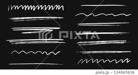 Underline stroke set with pencil, chalk and brush textures. Hand drawn crayon pen sketches of doodle emphasis marks, highlights and scribble elements. Vector collection for creative design projects. 134065636