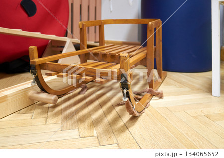 Country style wooden sled with warm colors, Decorative wooden sled inspired by rustic countryside themes 134065652