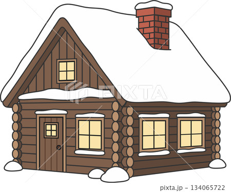 Cozy Winter Log Cabin with Snow-Covered Roof 134065722